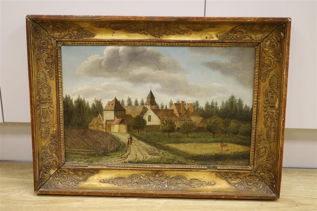 19th century Continental School, oil on canvas, Figures before an Eastern European town, 29 x 45cm